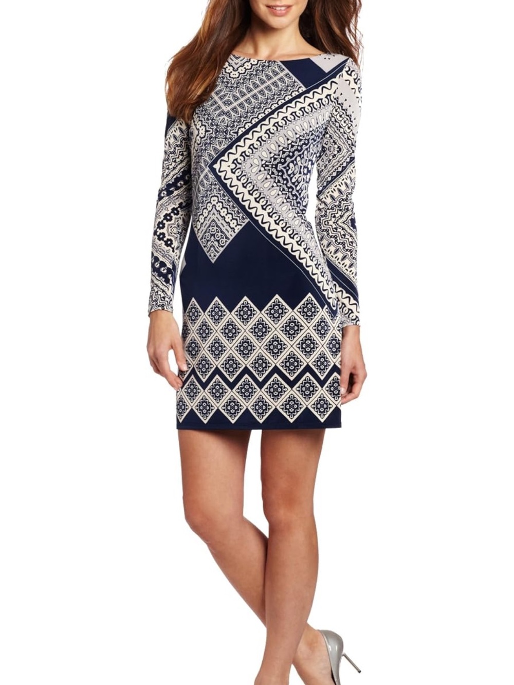 Nine West Navy and Cream Geometric Long-Sleeve Shift Dress